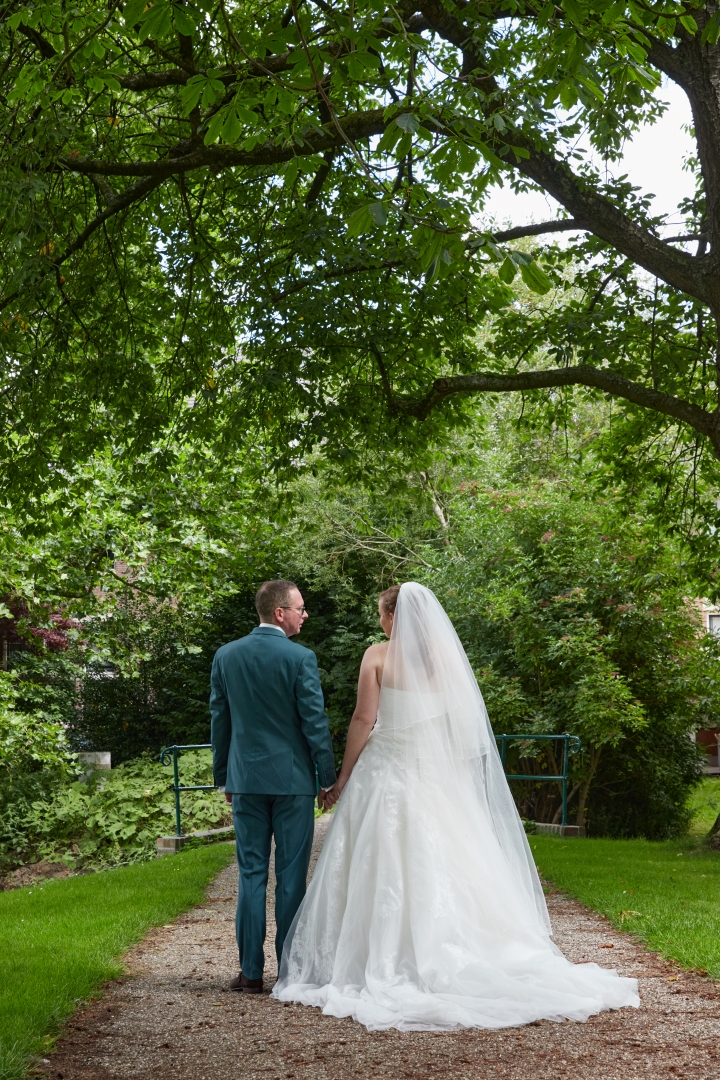 bruiloft fotoshoot in een groen park onder een boom